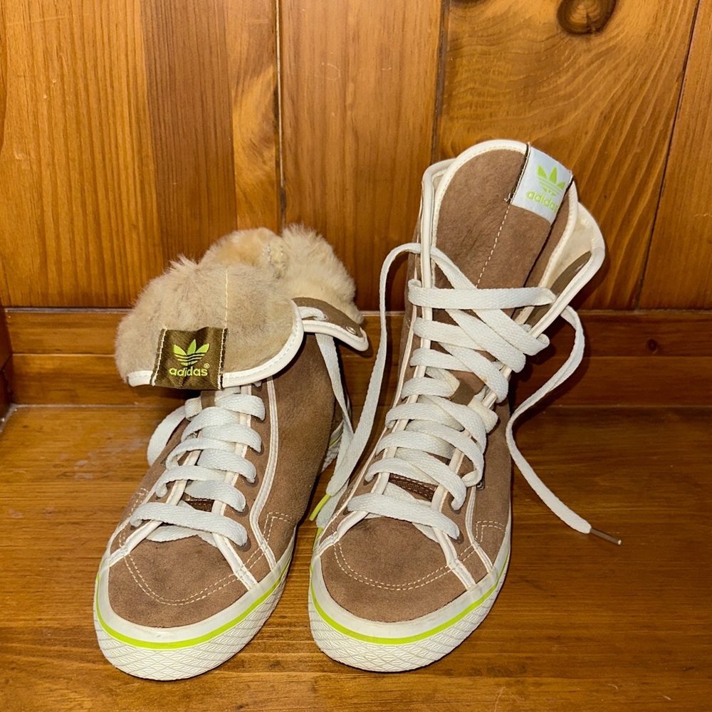 Adidas Women's Tan and White High-Top Sneakers